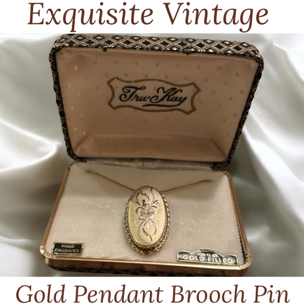 Vintage Pendant Brooch Pin Necklace Tru Kay Gold Filled Hand Engraved Filigree
